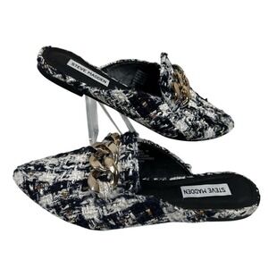 Steve Madden Women's Mules Black White Brown Tweed Chain Flat Slides‎ Size 9M
